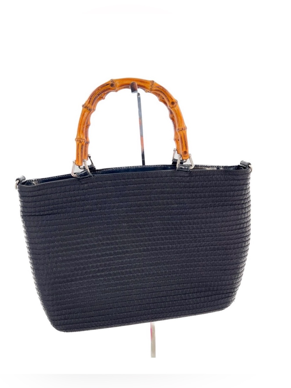 GUCCI Bamboo Handle Leather Trim Black Fabric 2-Way Tote Shoulder Bag Authentic - Picture 3 of 17